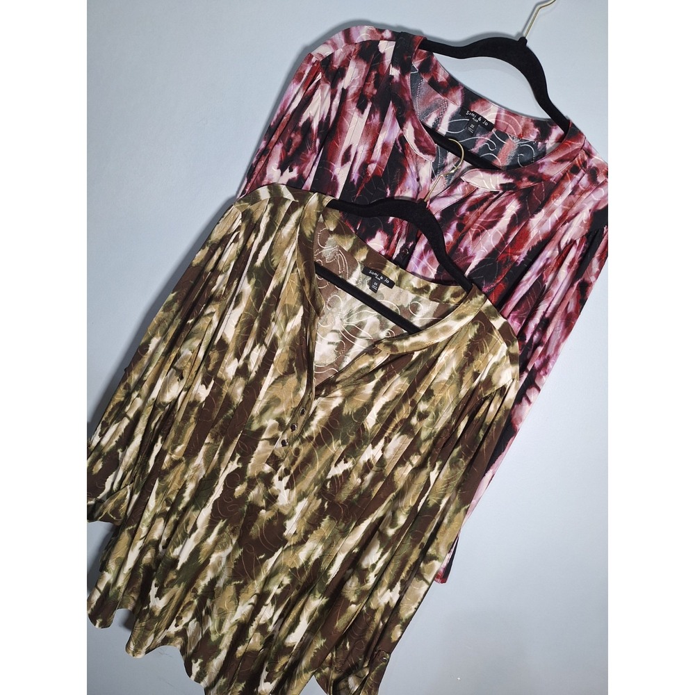 2 Pc Lot Sami & Jo Plus Slinky Knit Popover Blouse Womens‎ 2X Purple Green Multi